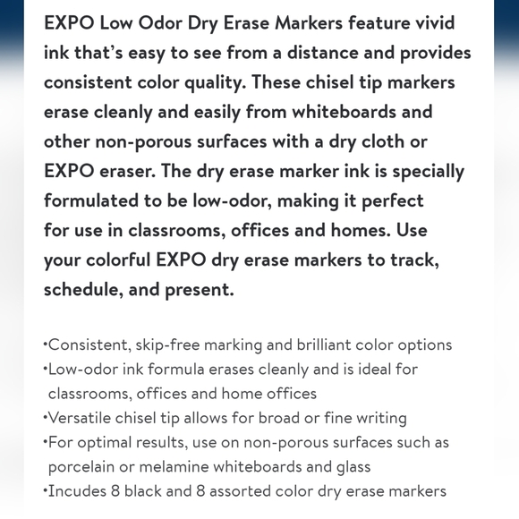Expo Low Oder Dry Erase Markers, Chisel Tip Assorted color, 16 count - Picture 5 of 5